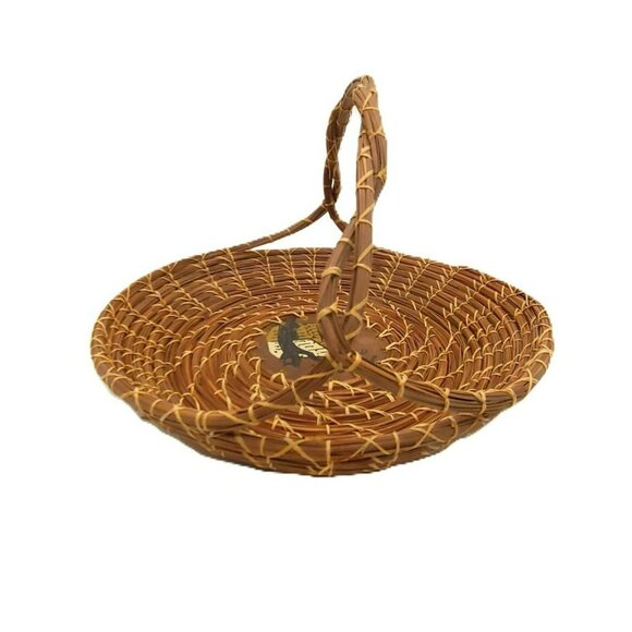 VTG Handcrafted Coiled Pine Needle Basket With Twisted Handles & Hand Painted - Picture 4 of 13